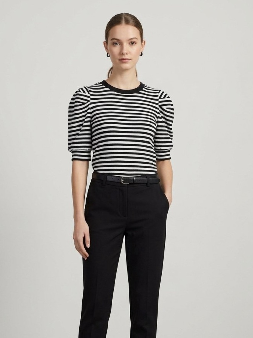 Who What Wear striped puff sleeve top black white sz S
